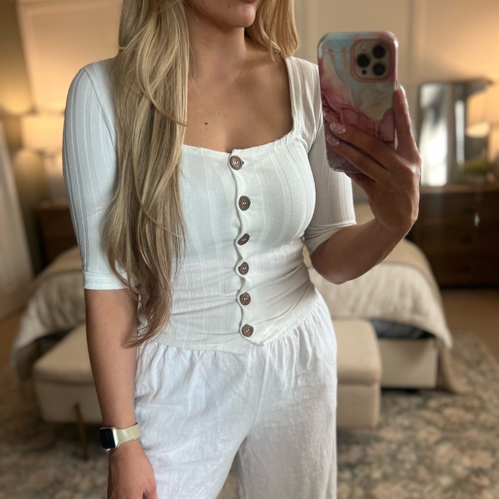 Free People White Ribbed Button-Front Blouse - Picture 2 of 5